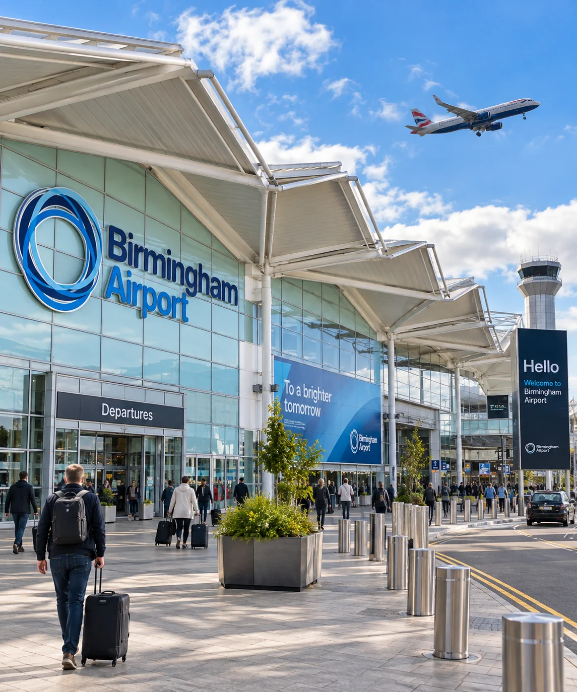 Birmingham airport entrance on a sunny day