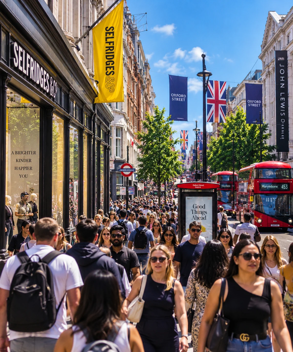 Bustling Oxford street on a sunny day