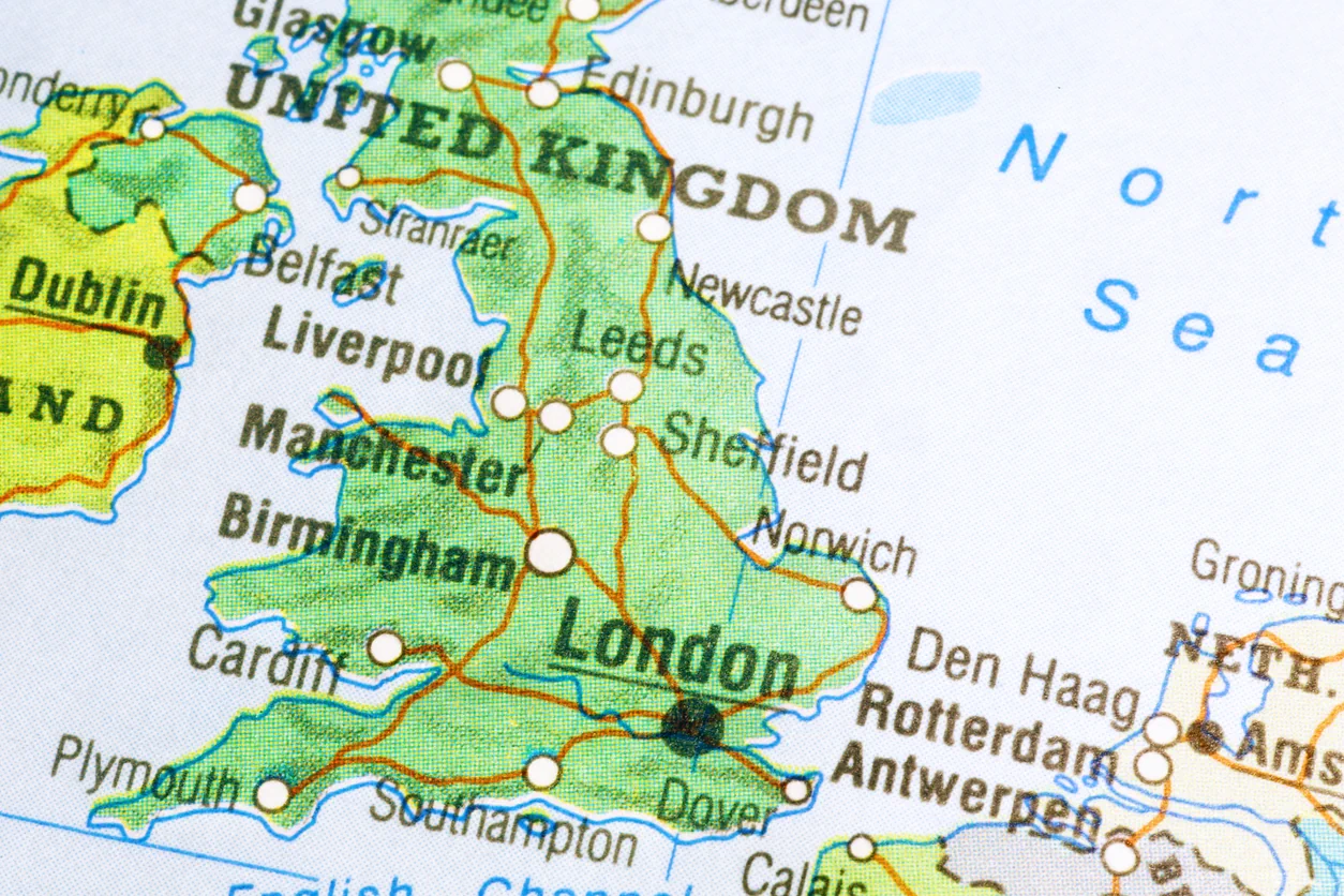 Close up map of the United Kingdom showing major cities, transport connections and regional geography. The image supports discussion of the best areas for buy to let in Sheffield by providing location context within the wider UK property market. It highlights connectivity, accessibility and regional positioning that can influence rental demand, tenant appeal and long term investment performance. Map of the United Kingdom highlighting regional locations and transport links relevant to Sheffield buy to let investment