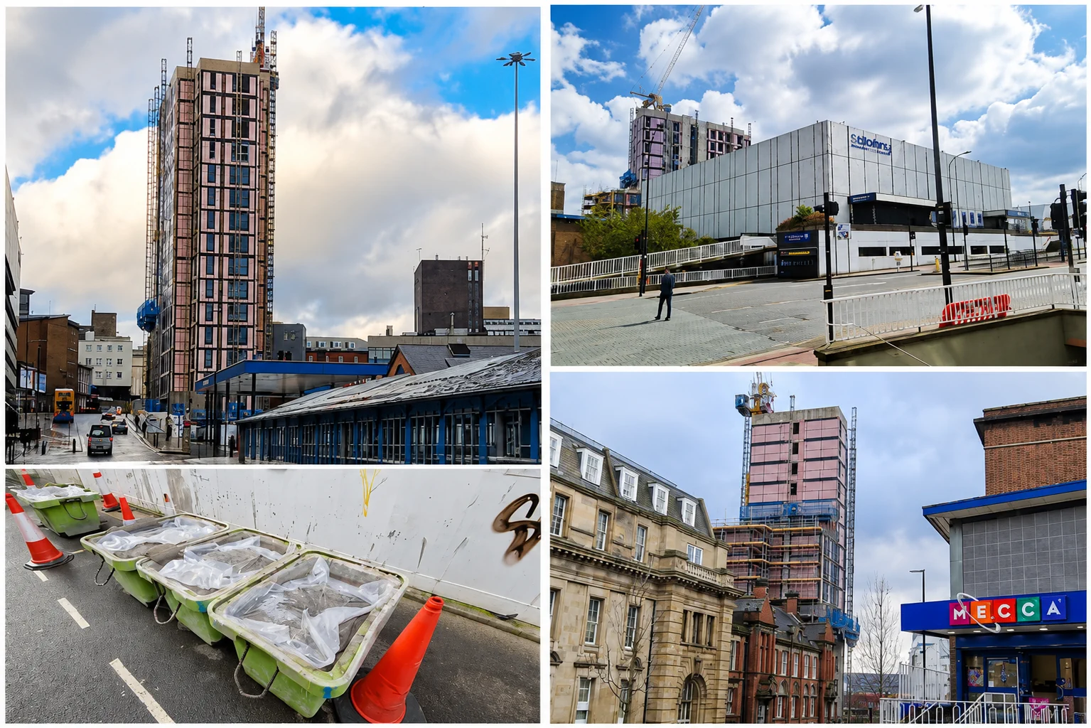 Images of the stalled Vista student accommodation development on Pond Street in Sheffield showing incomplete construction works and surrounding urban infrastructure. The development serves as a case study in the risks of off plan property investment, including project delays, funding challenges, construction setbacks and uncertainty around delivery timelines that can affect investor returns and capital growth expectations. Stalled Vista student accommodation development on Pond Street Sheffield highlighting off plan property investment risks