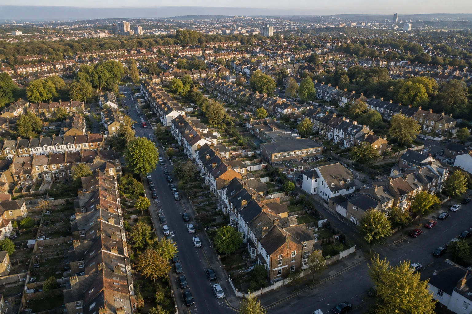 Aerial view of suburban UK housing estate highlighting residential property investment opportunities in Britain