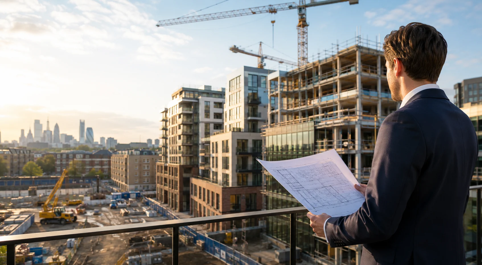 Property developer reviewing plans overlooking UK construction site representing off plan property investment opportunities