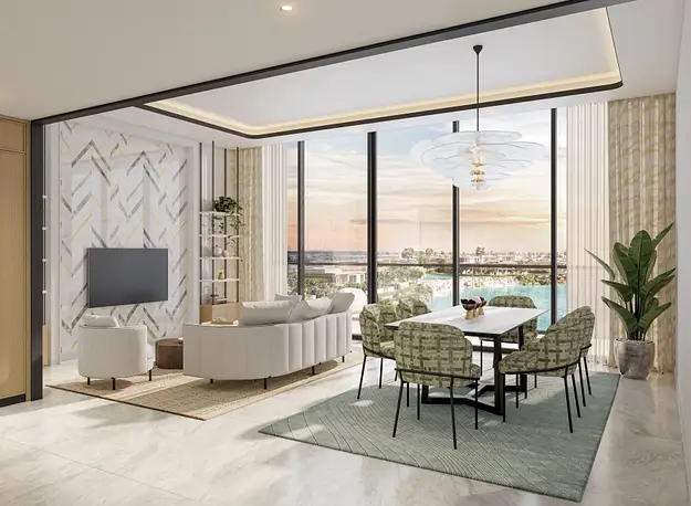 Modern Dubai apartment interior with waterfront view highlighting visa and residency considerations for property investors