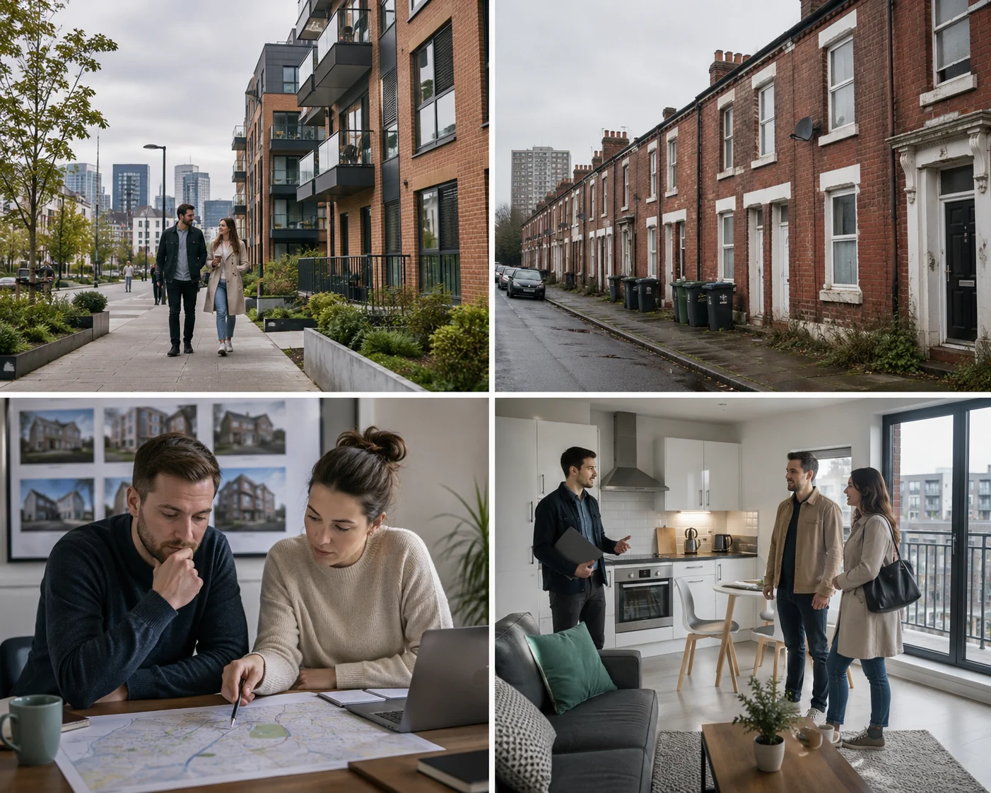 Property investors researching tenant demand and comparing UK rental locations with modern flats and terraced housing
