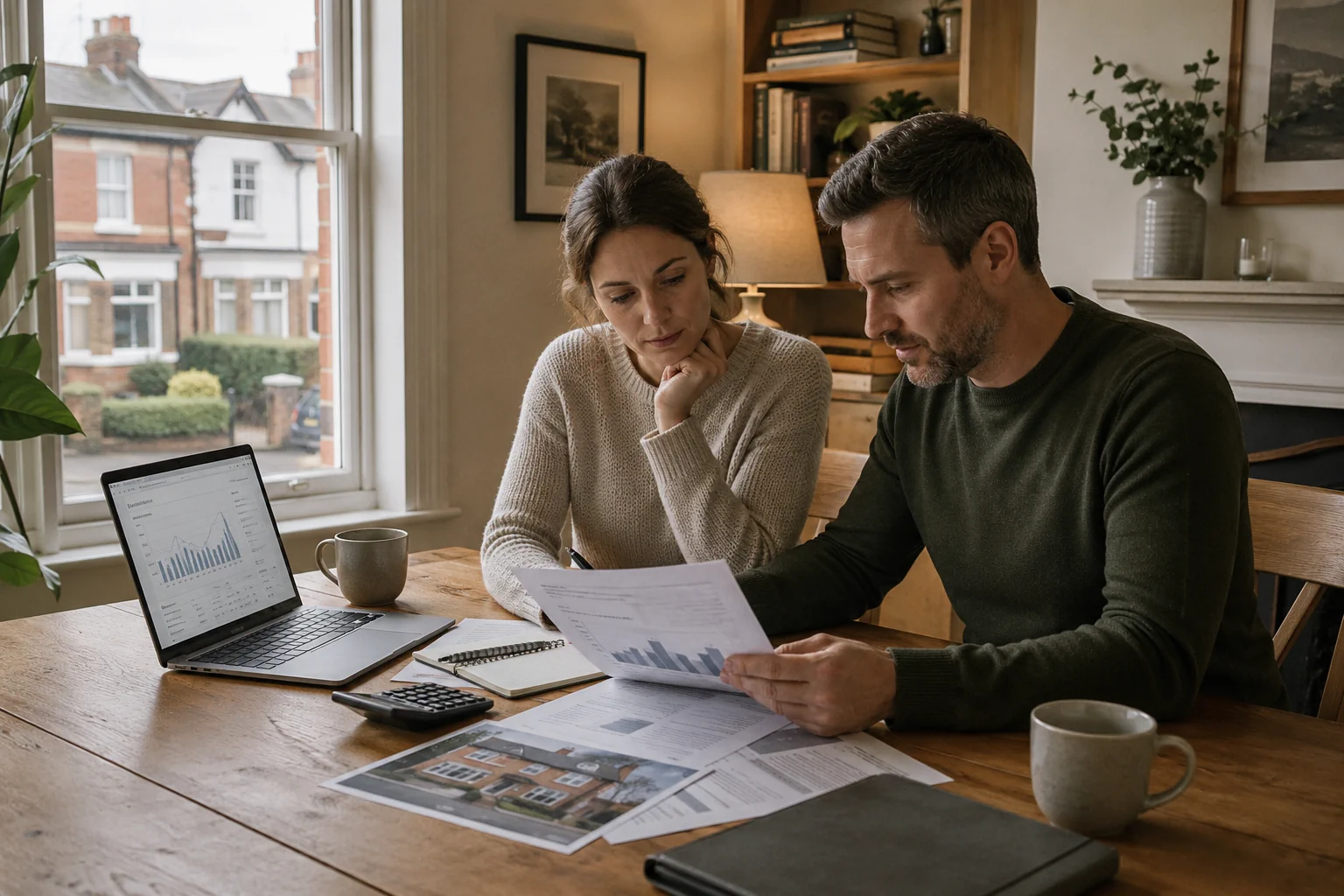 Couple reviewing financial reports and housing data while assessing long term property investment opportunities in the UK