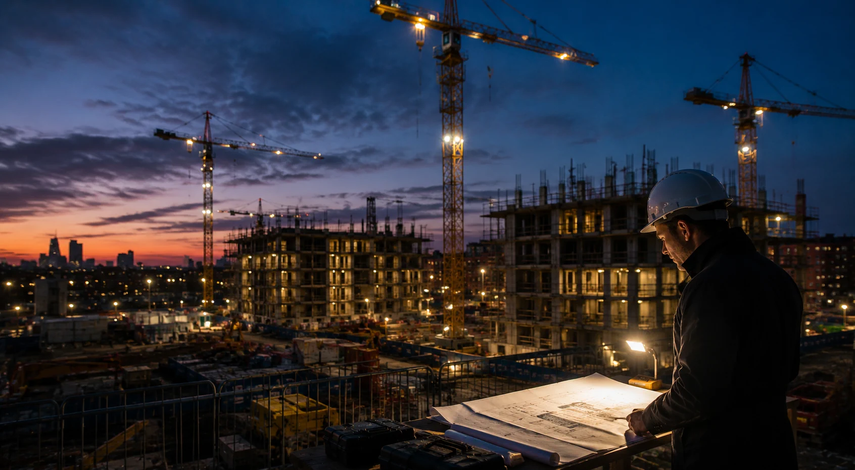 Construction site at dusk with cranes and developer reviewing plans representing off plan property investment advantages and risks