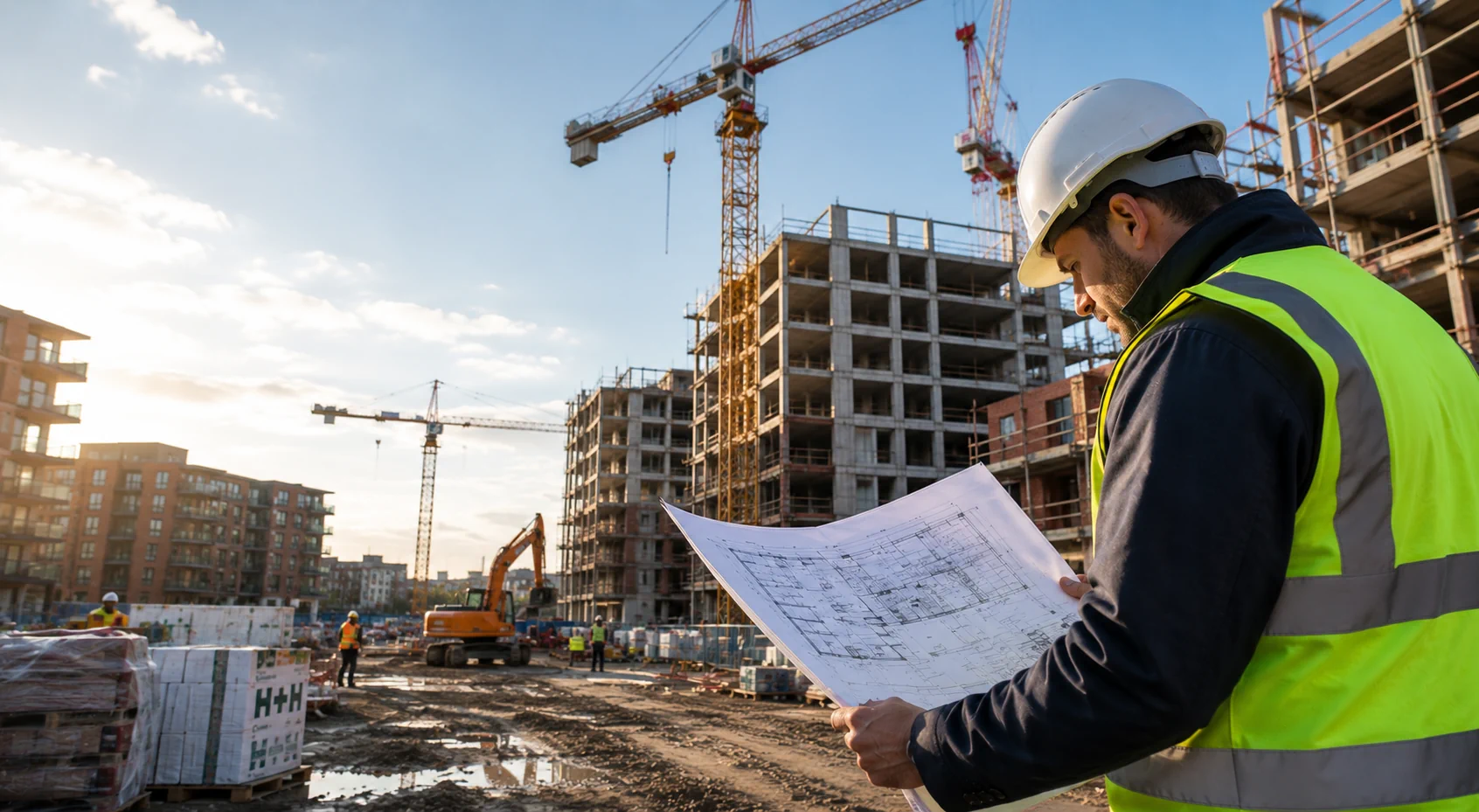 Construction worker reviewing plans on UK building site representing understanding off plan property investment and development process