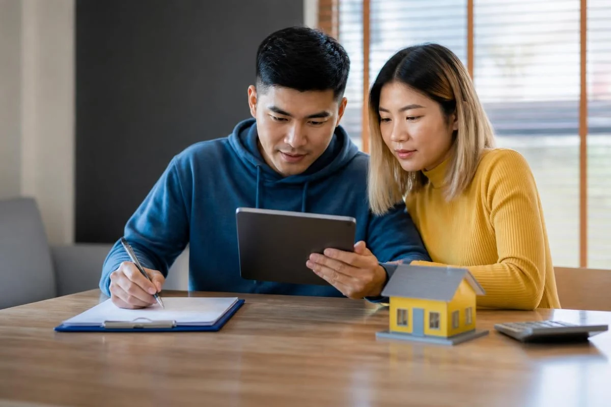 Couple reviewing tablet and paperwork with model house planning UK property investment budget and setting clear financial goals