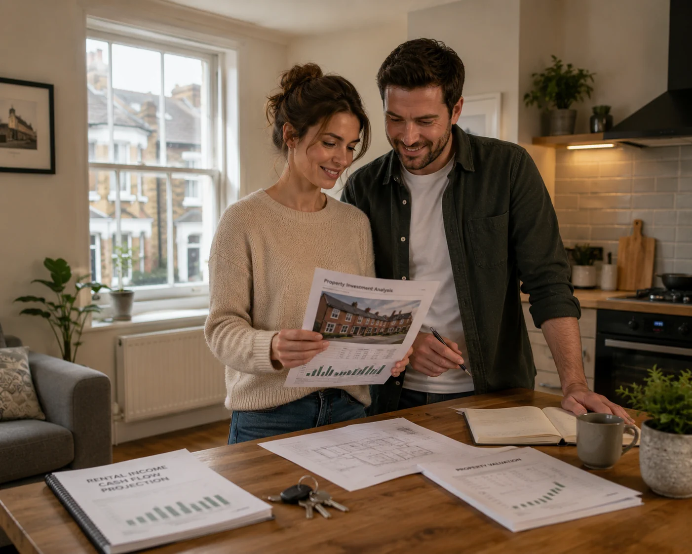 Couple reviewing property investment reports and rental income forecasts while planning wealth growth in the UK