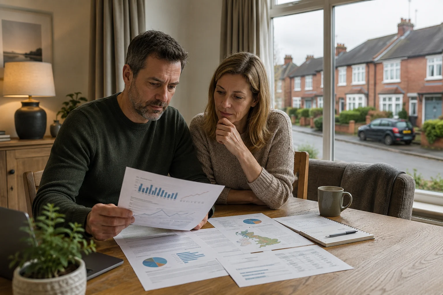 Couple reviewing housing market reports and financial forecasts while discussing the UK property market outlook for 2026