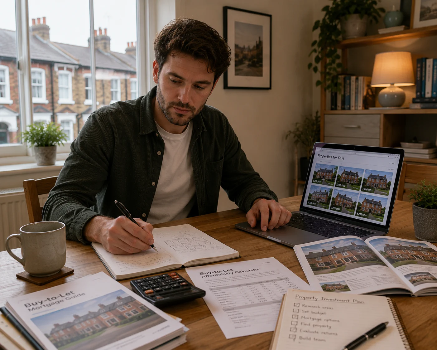 Man researching buy to let opportunities and mortgage options while planning a property investment strategy in the UK