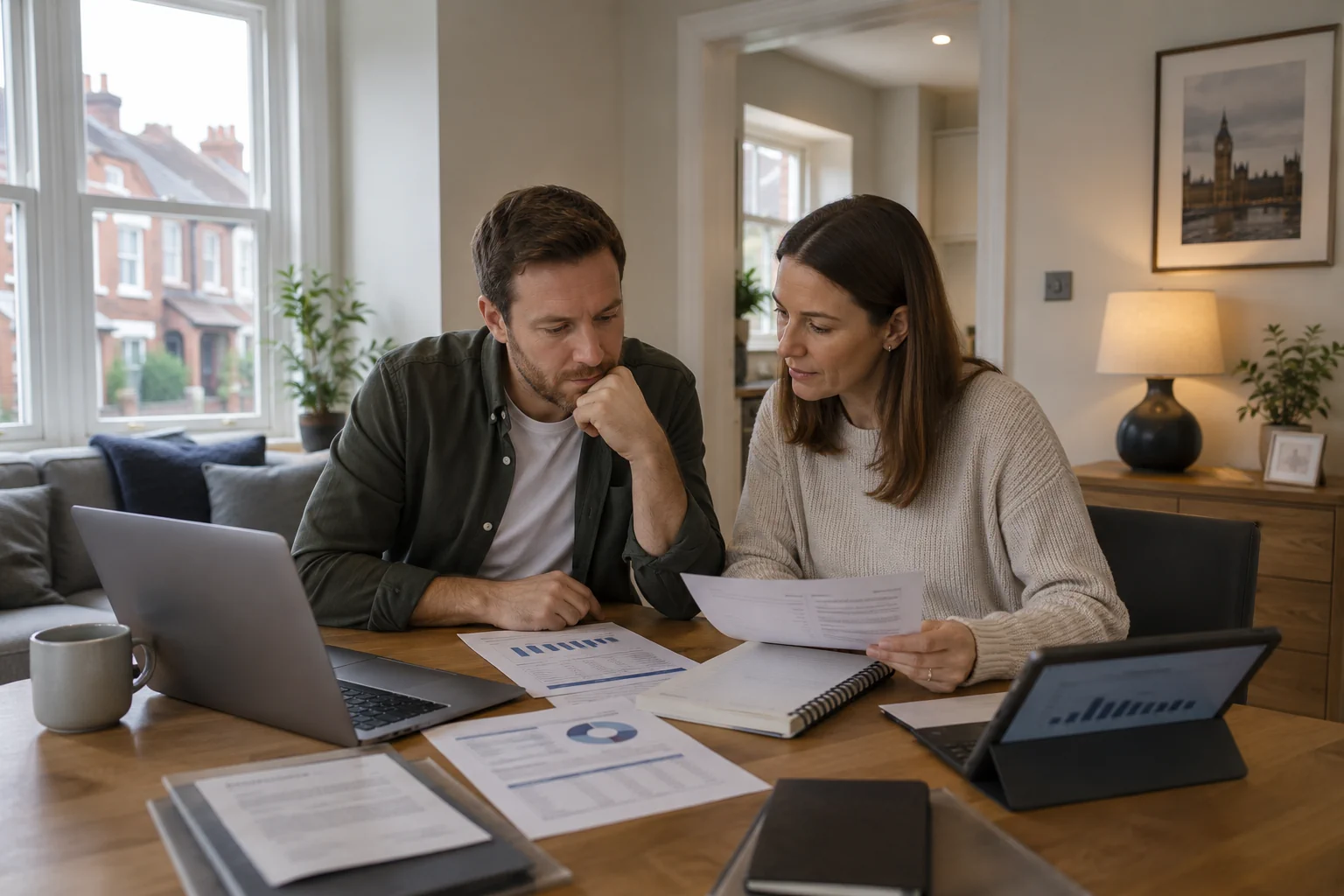 Couple reviewing property investment finances and market reports at home for UK property investment planning in 2026
