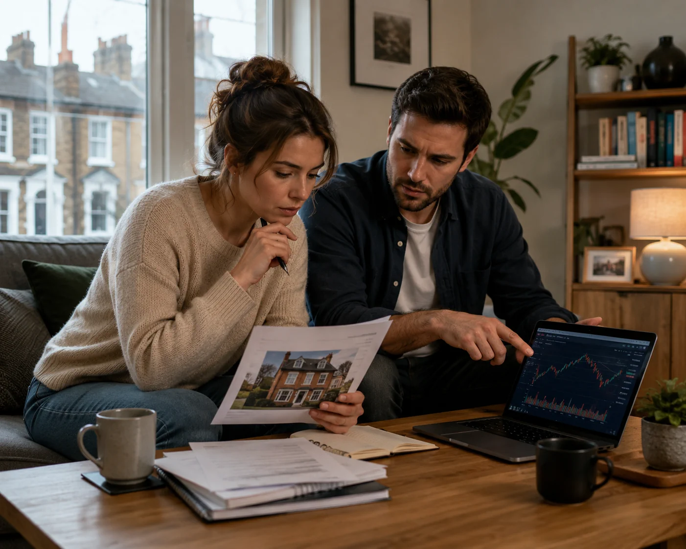 Couple comparing UK property investment with cryptocurrency trading while reviewing financial charts and market trends