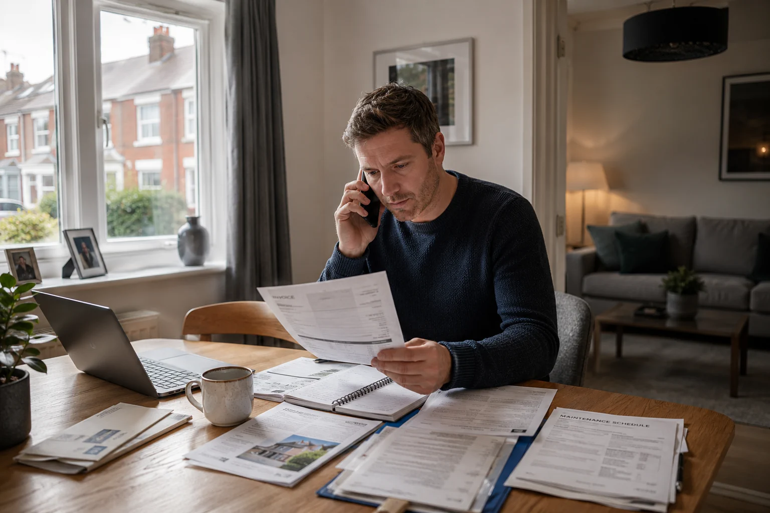 Man reviewing property investment paperwork at home while discussing landlord responsibilities and investment management