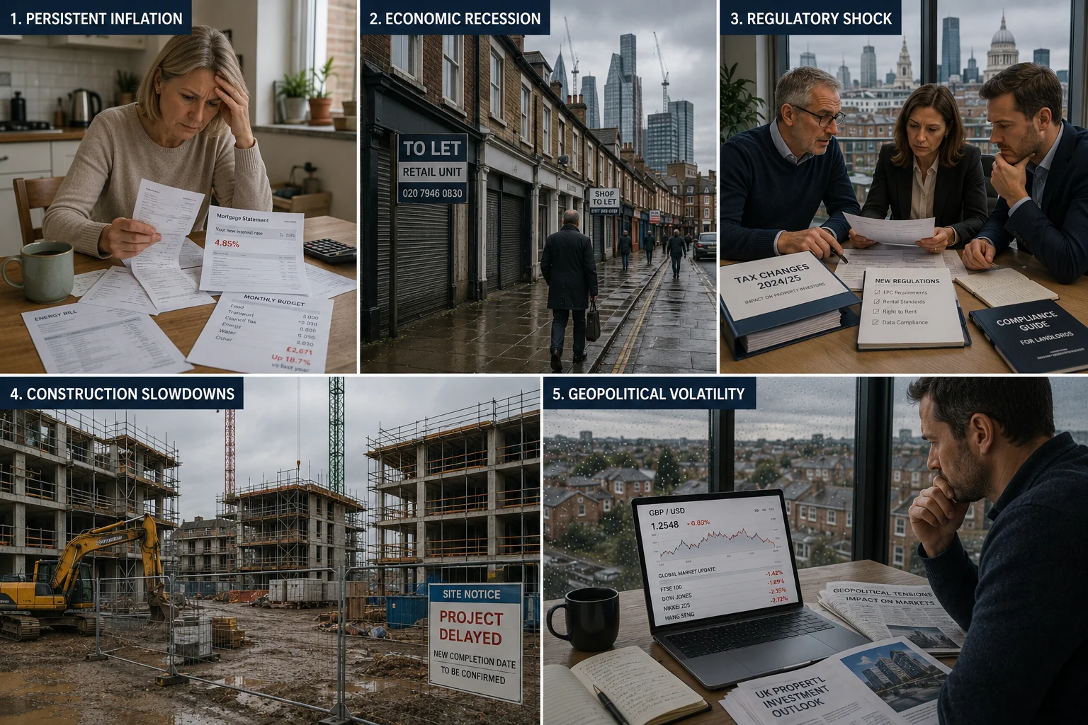 Collage showing economic and regulatory risks that could affect UK property market forecasts and investment returns
