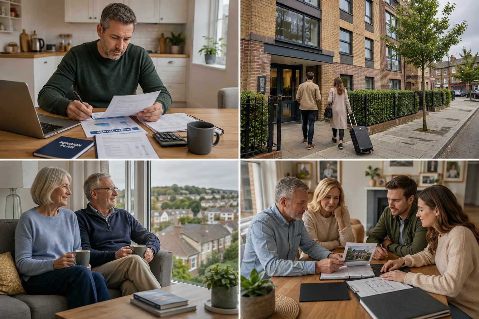Collage showing how property investment can support retirement income and long term financial security in the UK