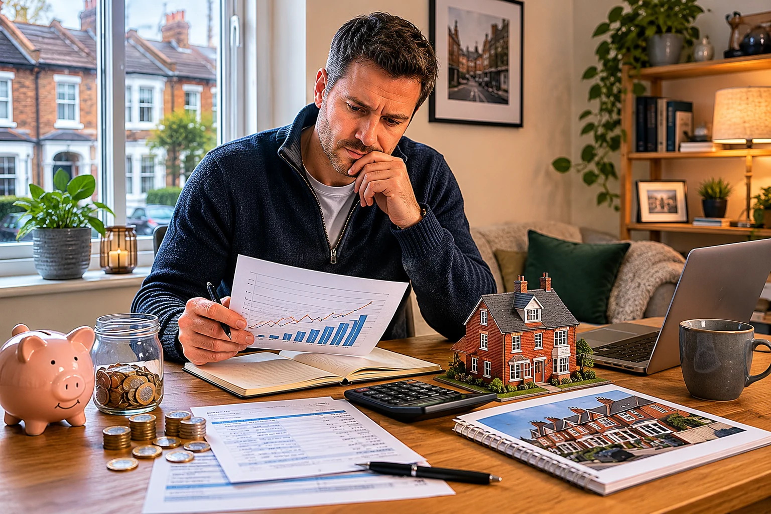 Man comparing UK property investment returns with cash savings while reviewing financial growth and housing market data