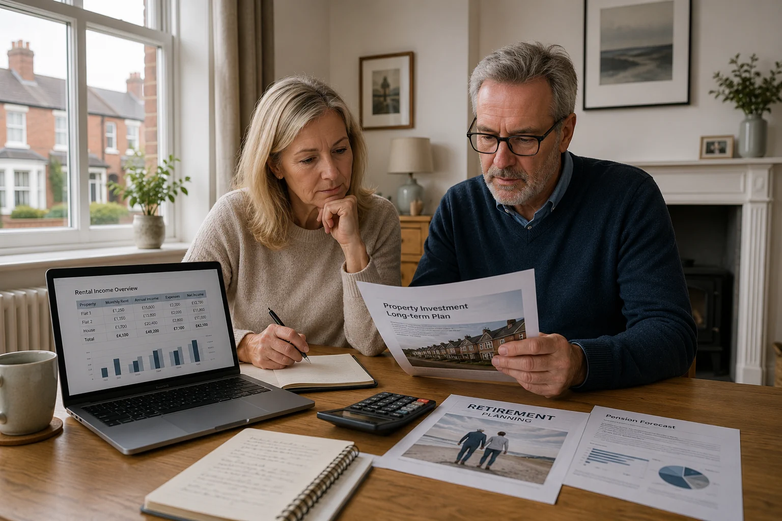 Couple reviewing property investment and retirement planning documents at home while assessing UK rental income strategy