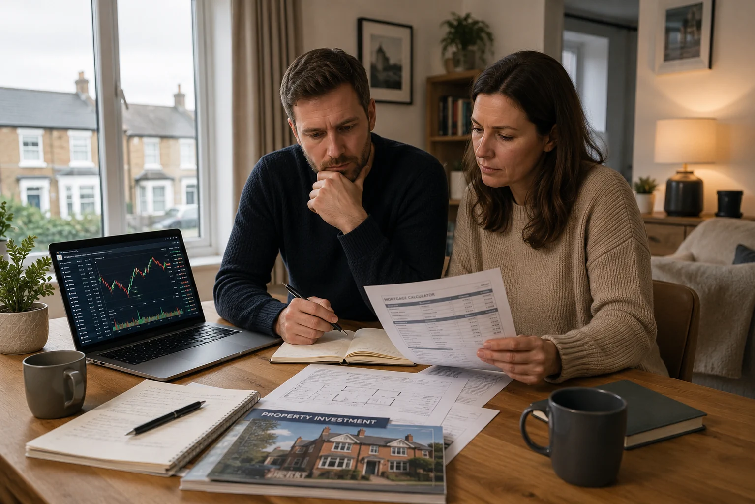 Couple reviewing mortgage and stock investment documents at home comparing UK property and shares for long term returns