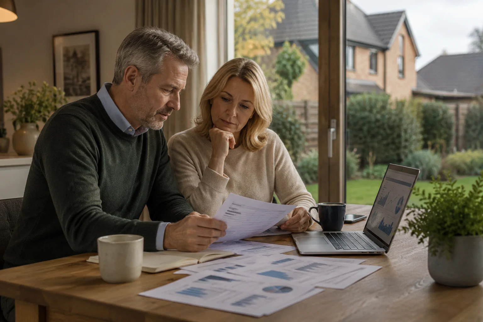 Couple reviewing financial reports and rental data to build sustainable long term property investment returns in the UK