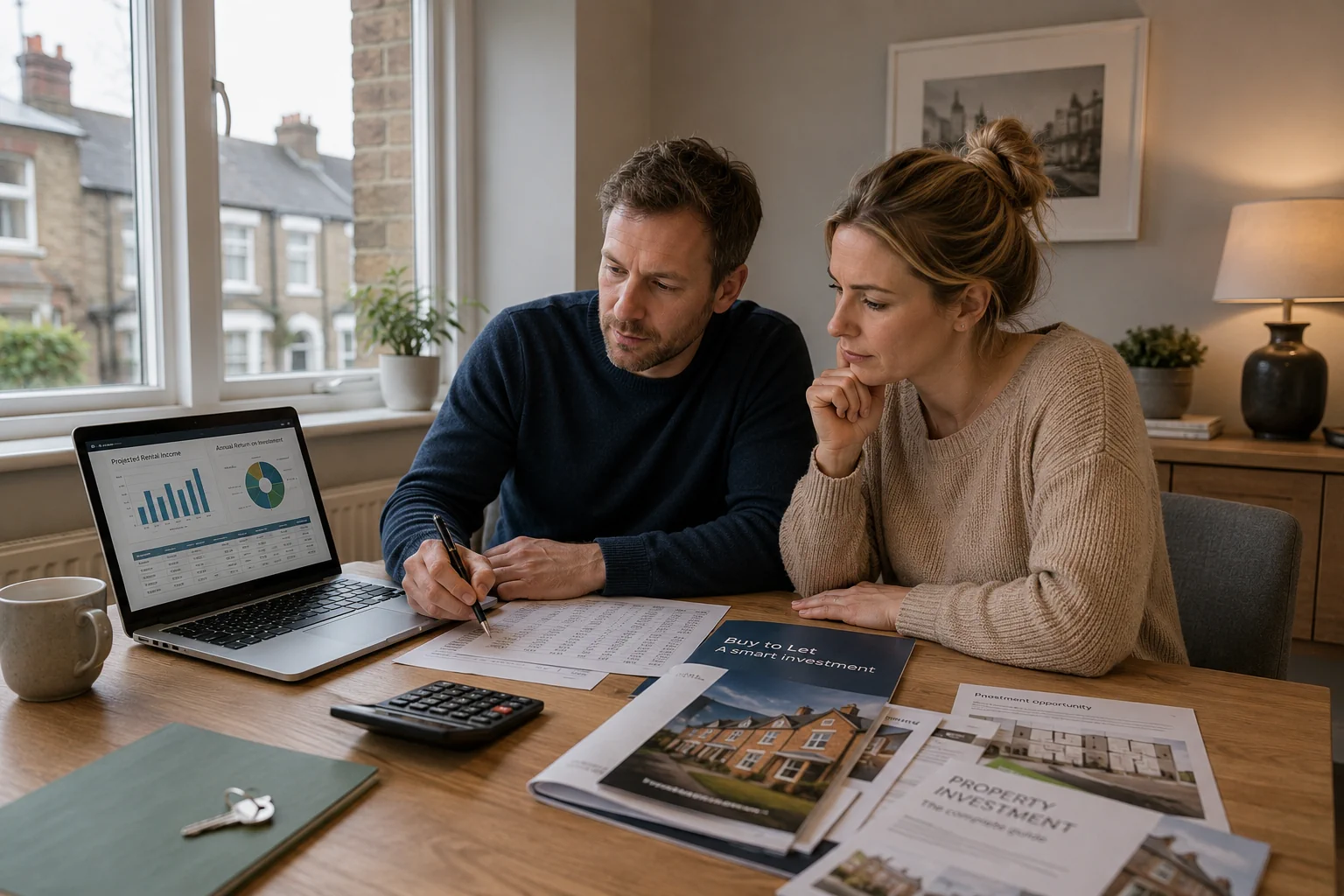 Couple reviewing rental income projections and buy to let investment returns for UK property investment opportunities