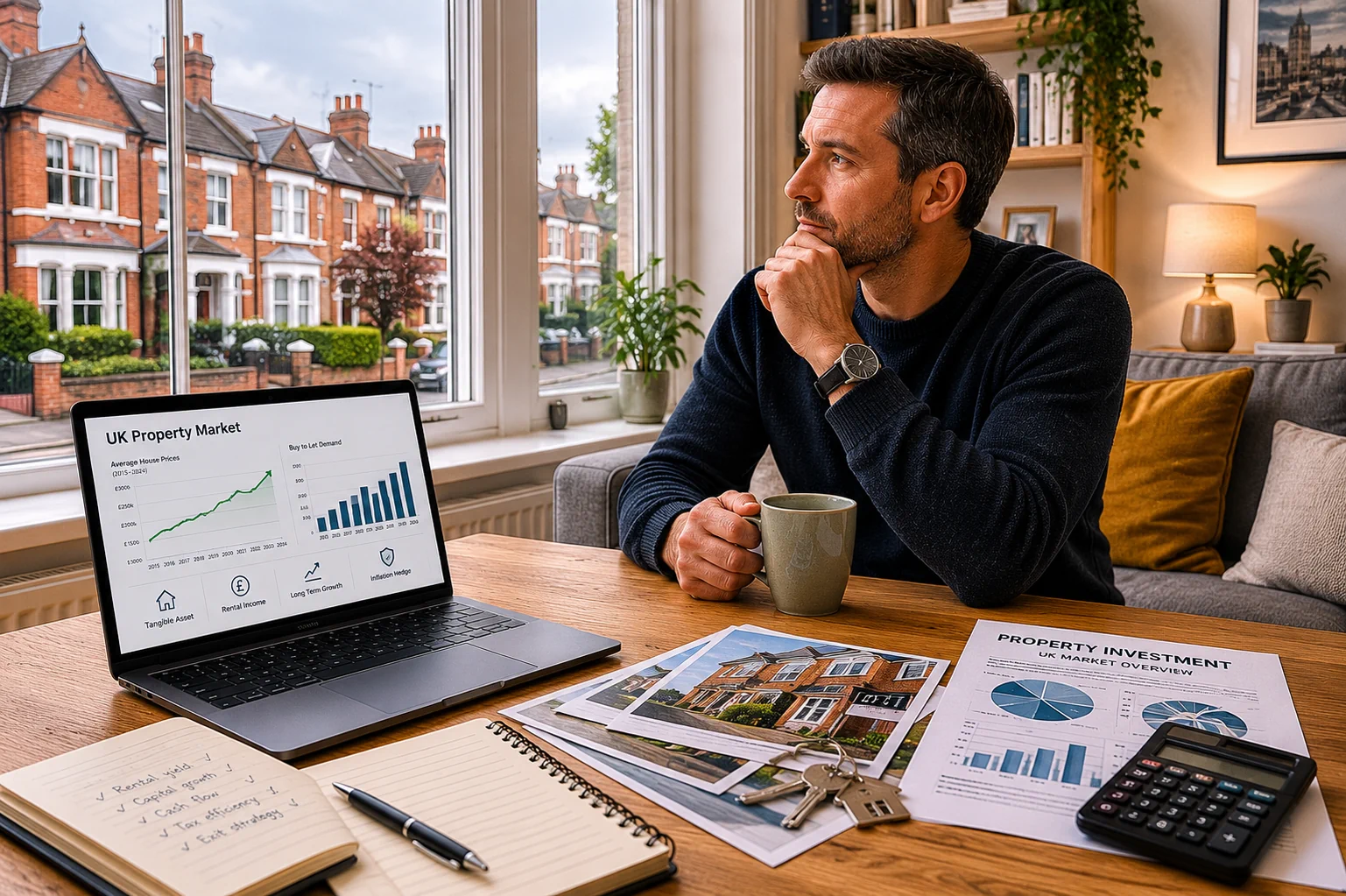 Man reviewing UK property market trends and investment reports while considering long term buy to let opportunities
