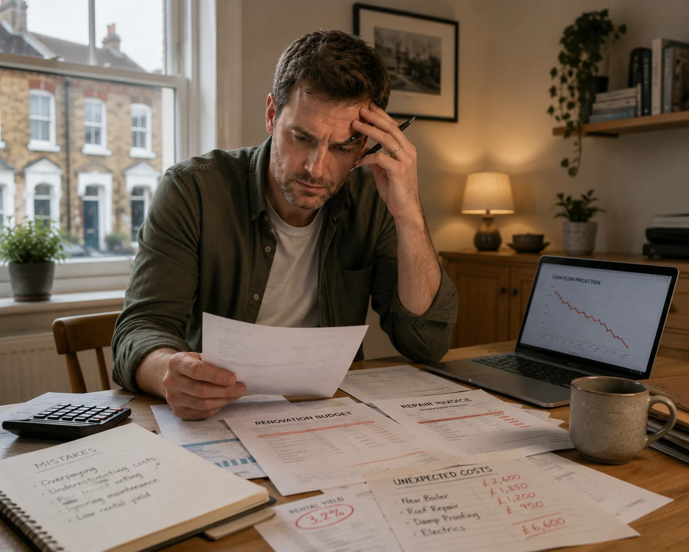 Man reviewing property investment losses and unexpected costs while assessing common UK investment mistakes and risks