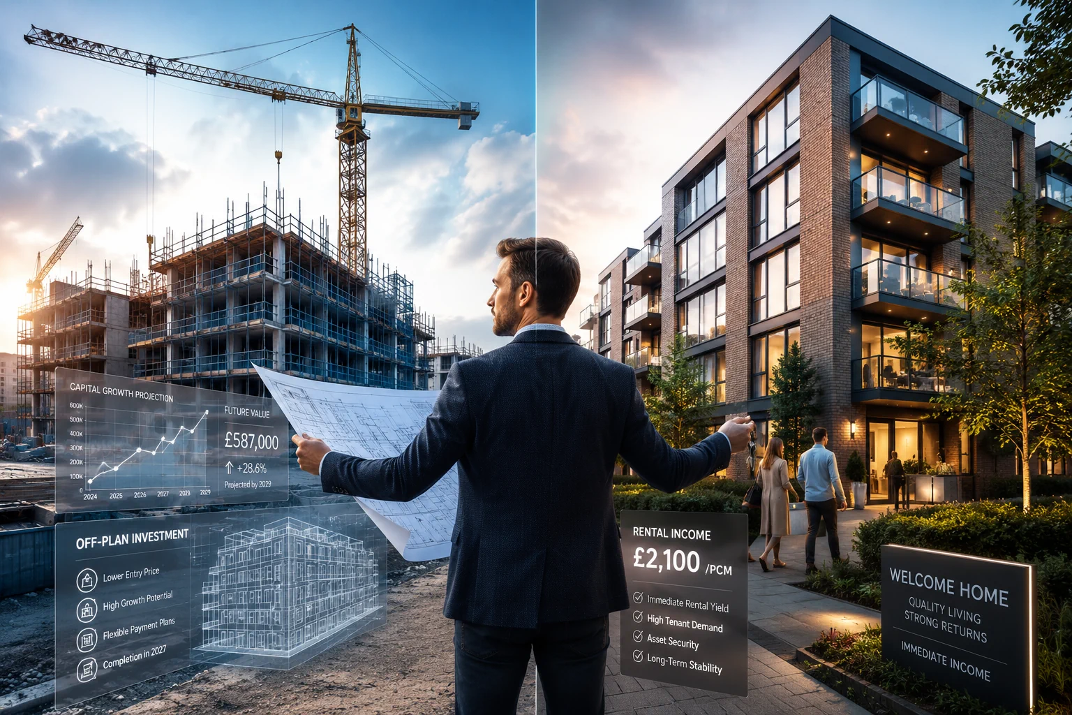 Comparison of construction site and completed apartments showing off plan versus finished property investment opportunities UK