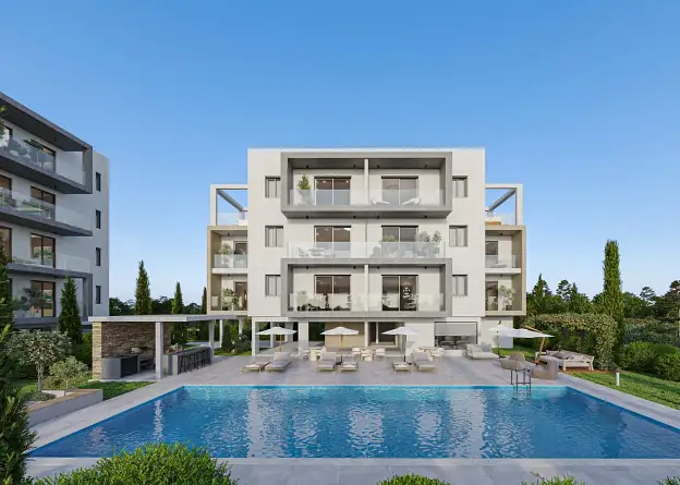 Modern Cyprus apartment building with pool highlighting tax efficiency considerations for property investment opportunities