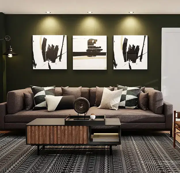 Modern living room with sofa artwork and coffee table representing social housing investments with 365 Invest interior standards