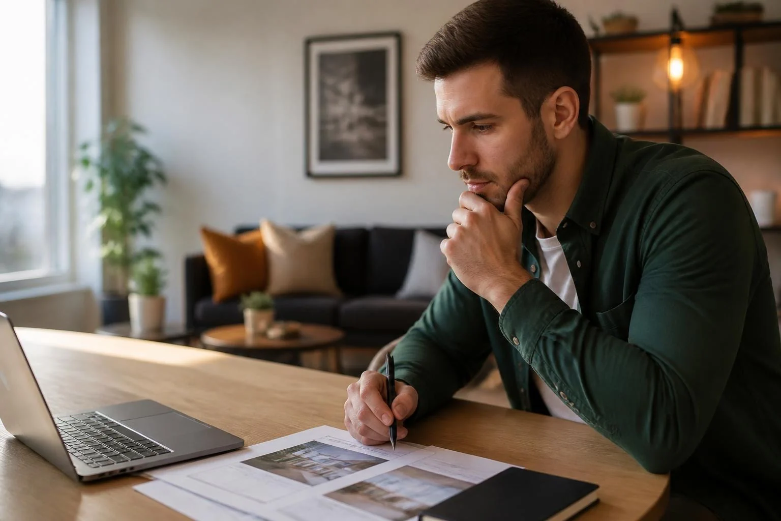 Man reviewing property images and notes on laptop planning UK property investment strategy for beginners with research and analysis
