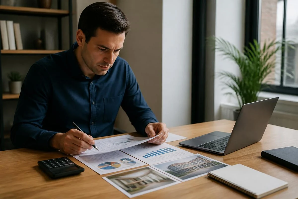 Man analysing property reports and market data on laptop highlighting why property selection matters in buy to let investment
