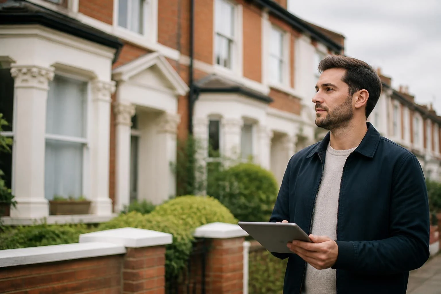 Man holding tablet outside UK terraced homes researching how to choose buy to let property in the UK for investment success
