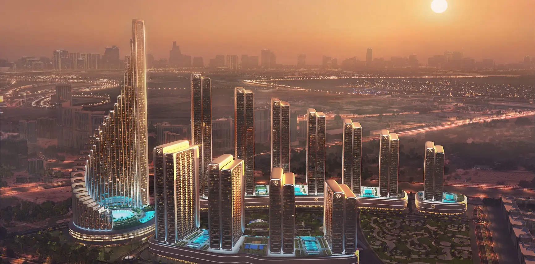 Dubai skyline with modern high rise towers at sunset highlighting established global property market and investment growth
