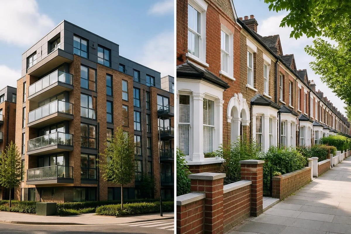 Modern apartment block beside traditional terraced houses illustrating houses as buy to let assets in the UK property market