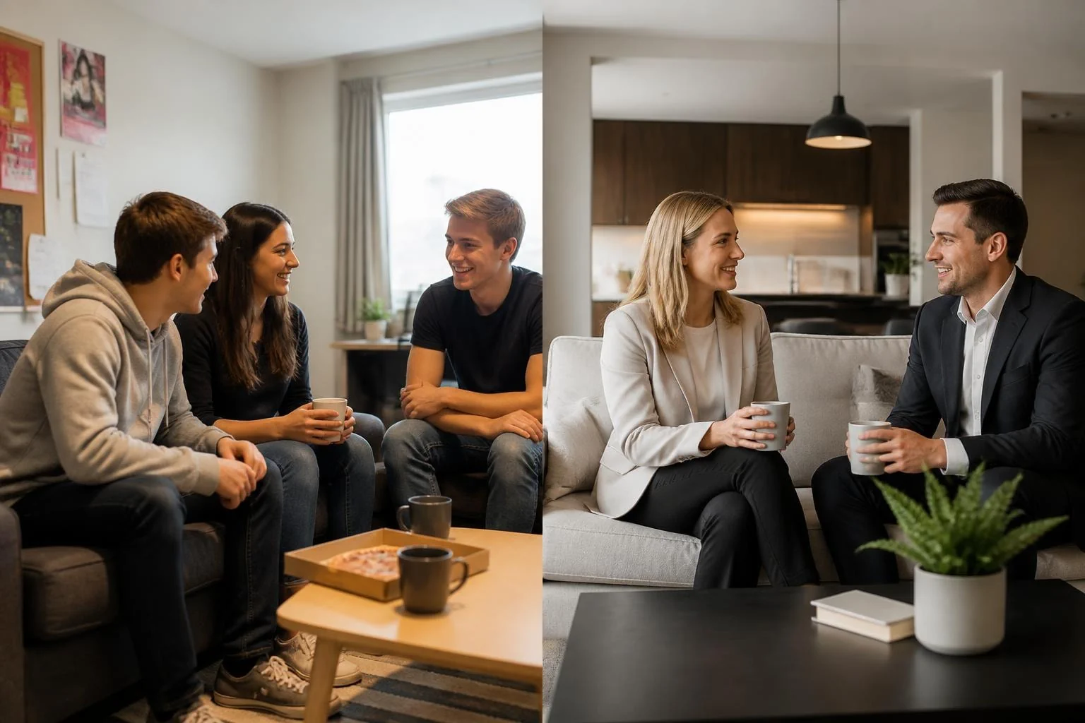 Students and professionals sitting in rental properties comparing tenant types for UK buy to let investment decisions in 2026
