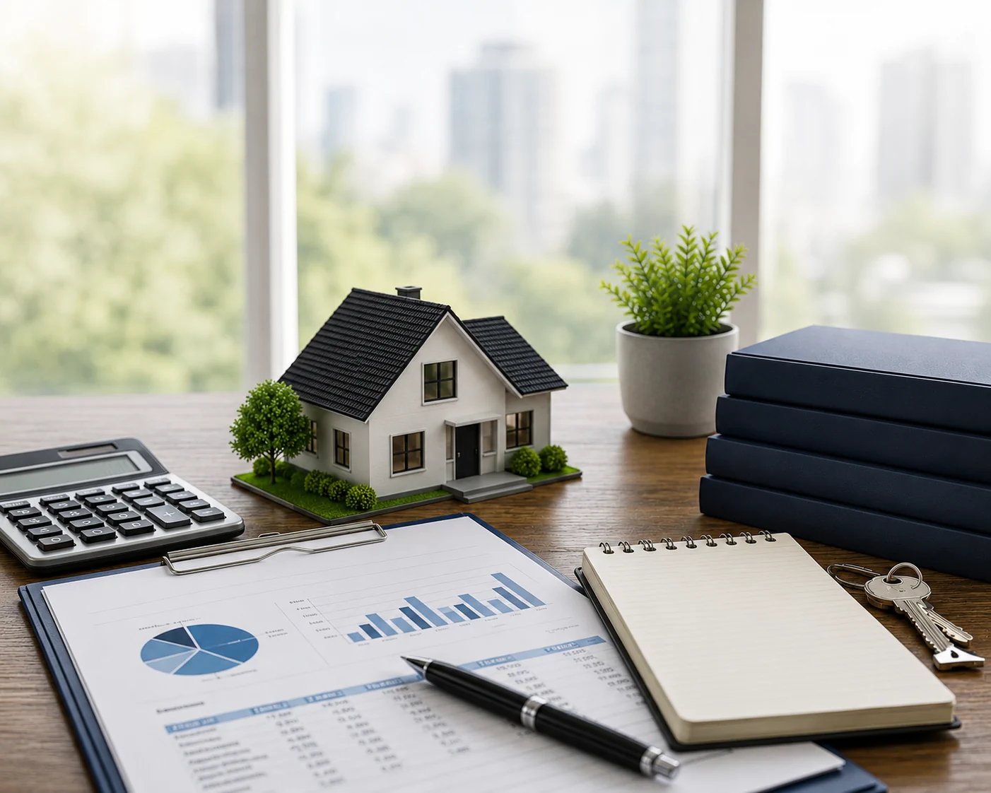 UK property investment workspace with house model and financial charts illustrating off plan investment scenarios and analysis