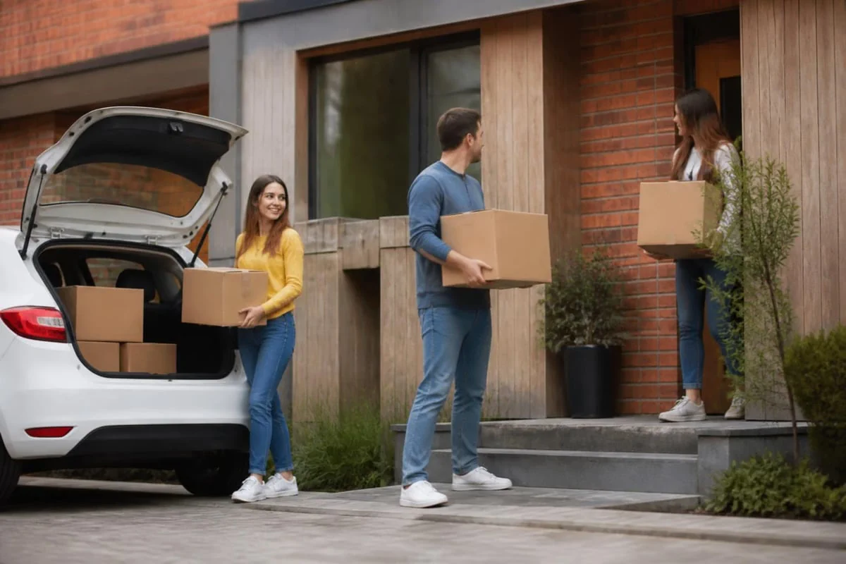 Tenants carrying moving boxes into modern rental property illustrating tenant turnover rates in the UK housing market