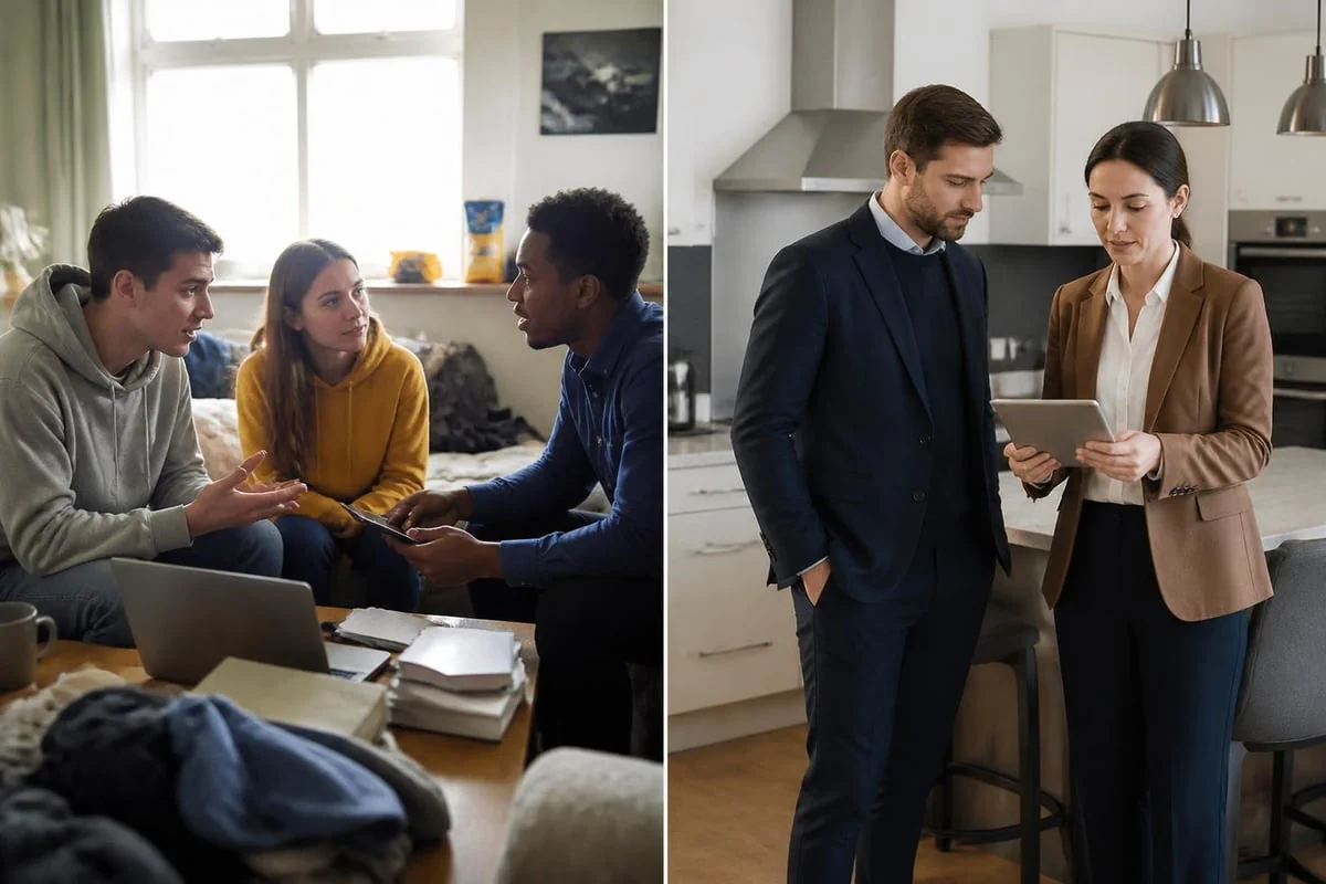 Students and professional landlords discussing tenant management and time investment in UK rental property operations