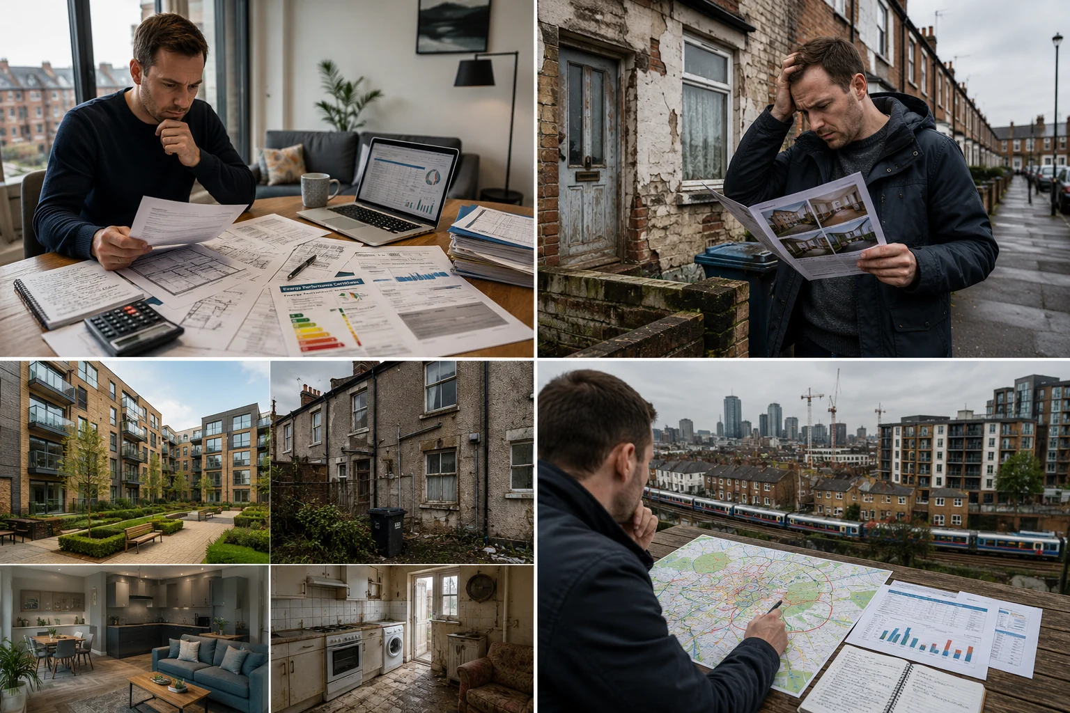 Collage showing property investors carrying out due diligence checks and market research before buying UK property