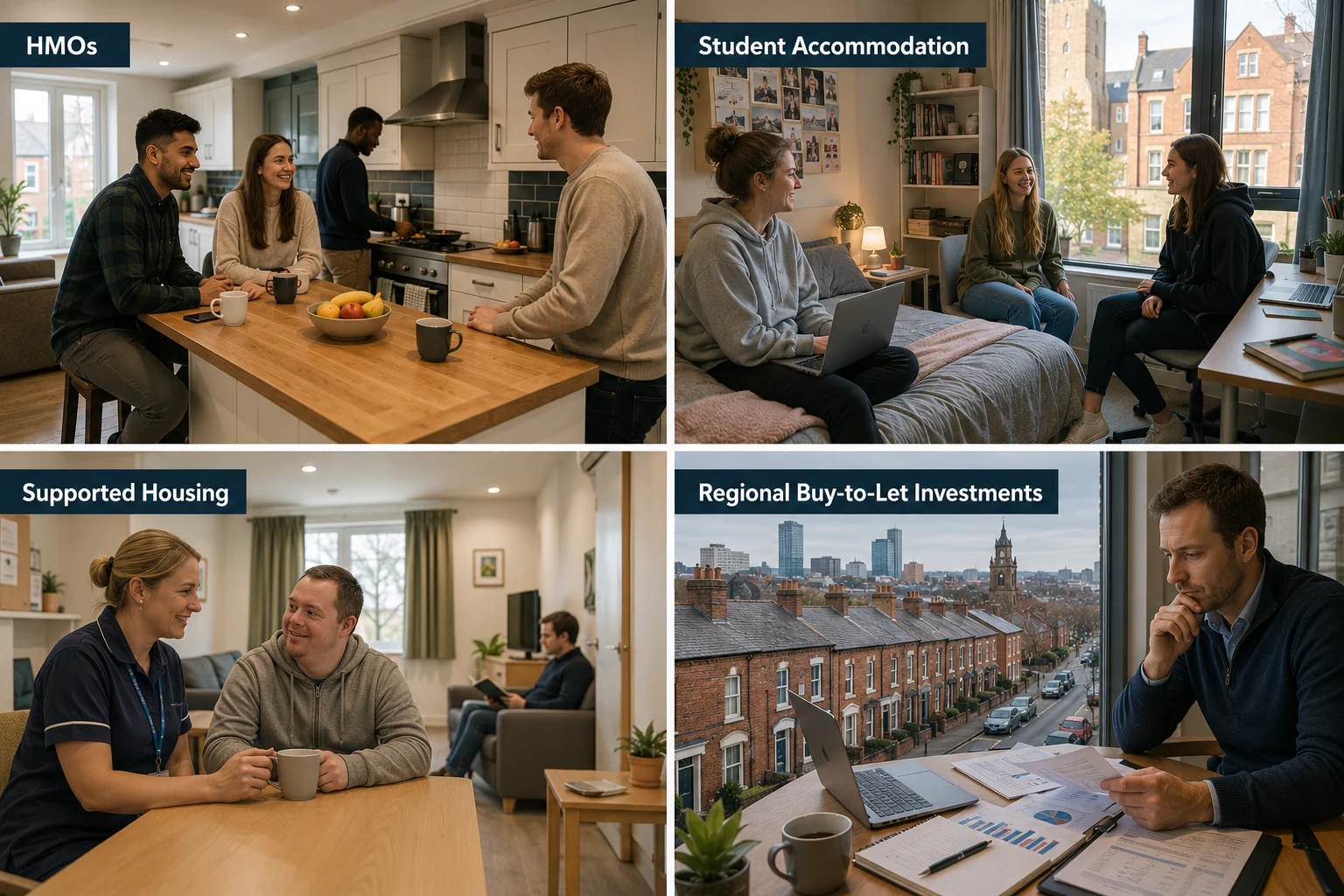 Collage showing high yielding UK property investment strategies including HMOs student housing and supported accommodation