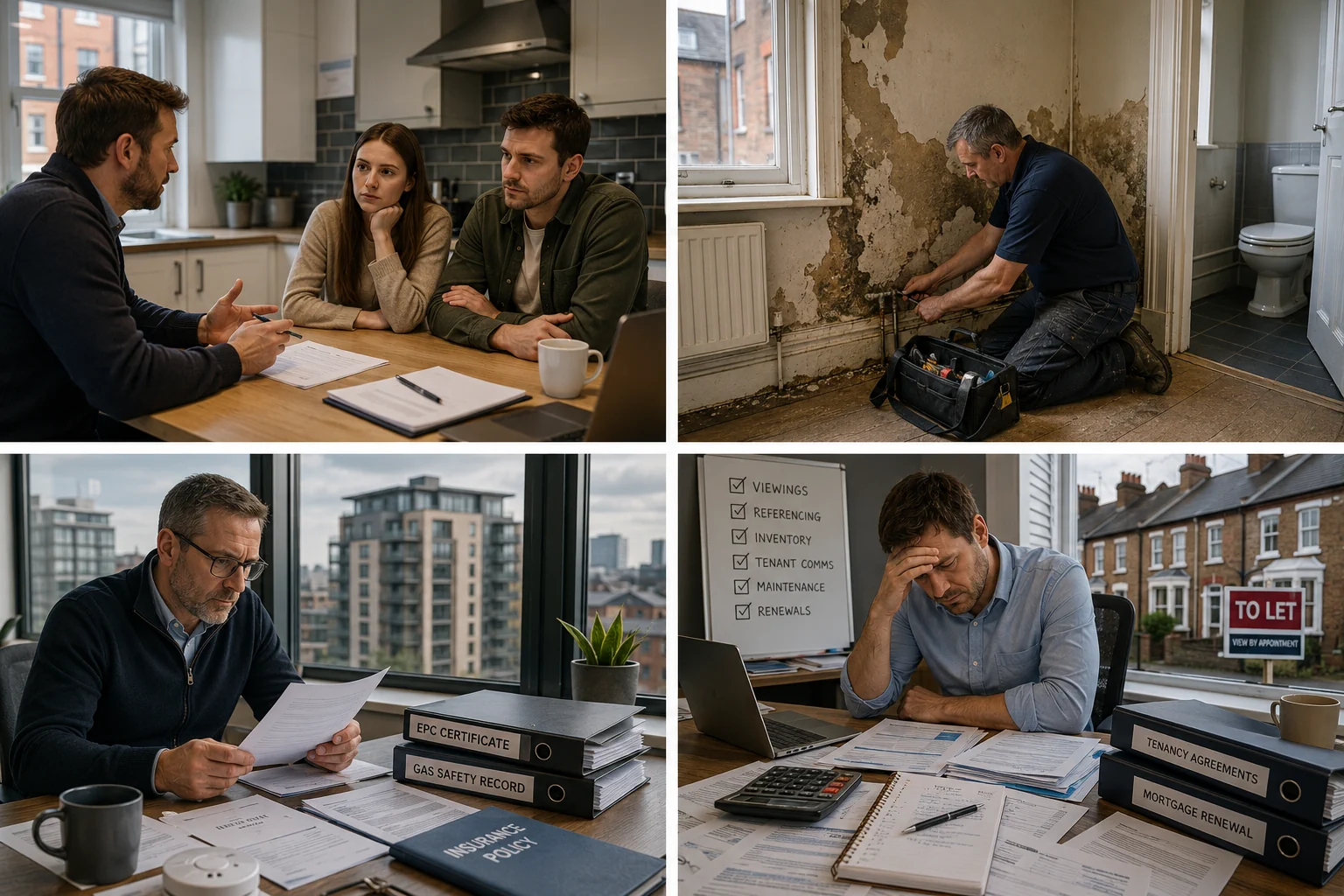 Collage showing landlords managing tenant issues maintenance and paperwork linked to UK property investment demands