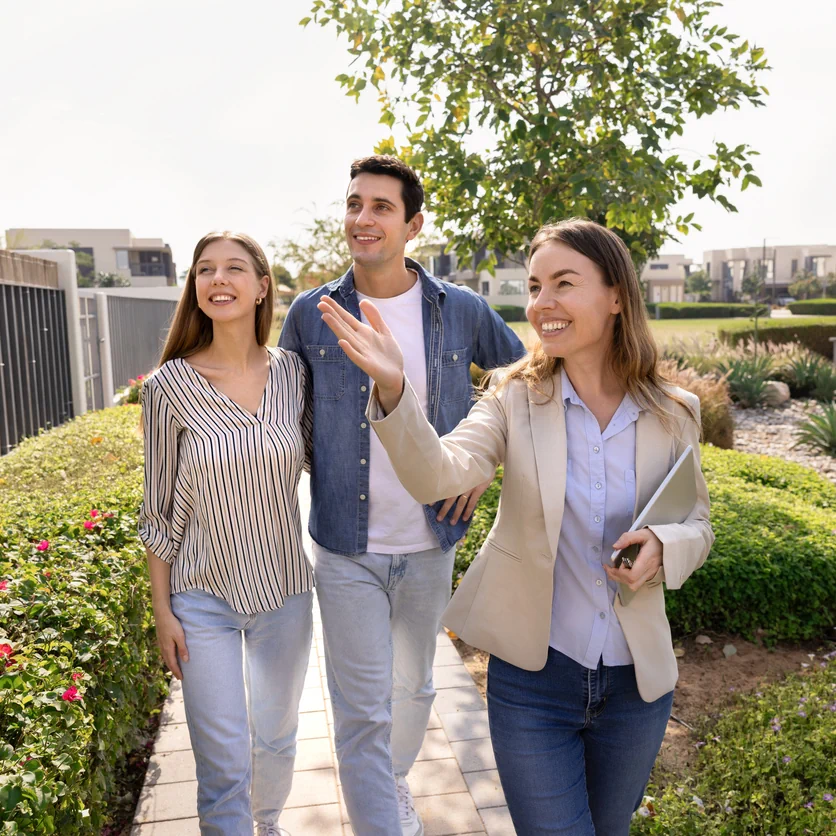 Estate agent showing property to couple outdoors illustrating who property investment resources are for and guided decision making