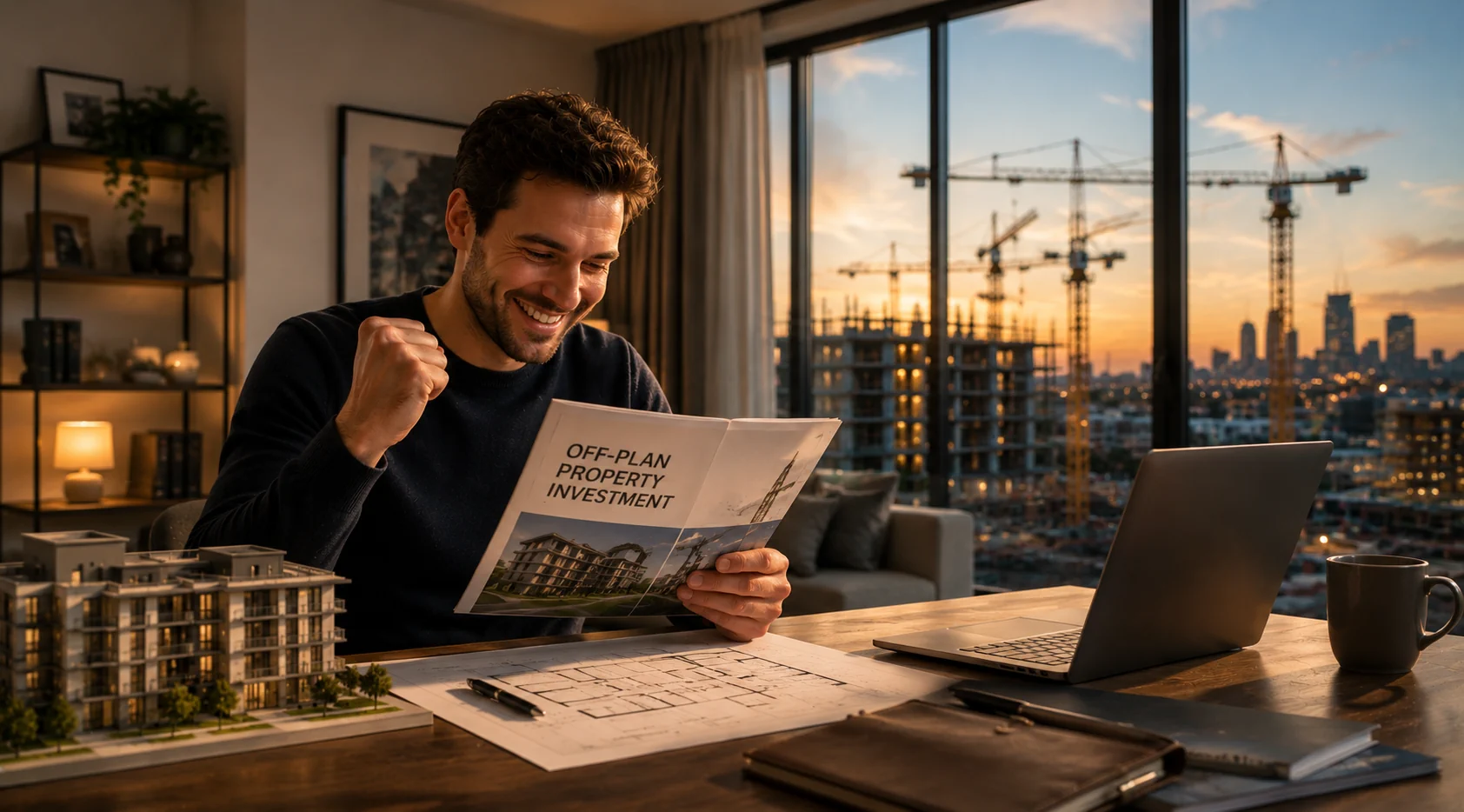 Man reviewing off plan property brochure at desk with construction site view representing UK property investment opportunity