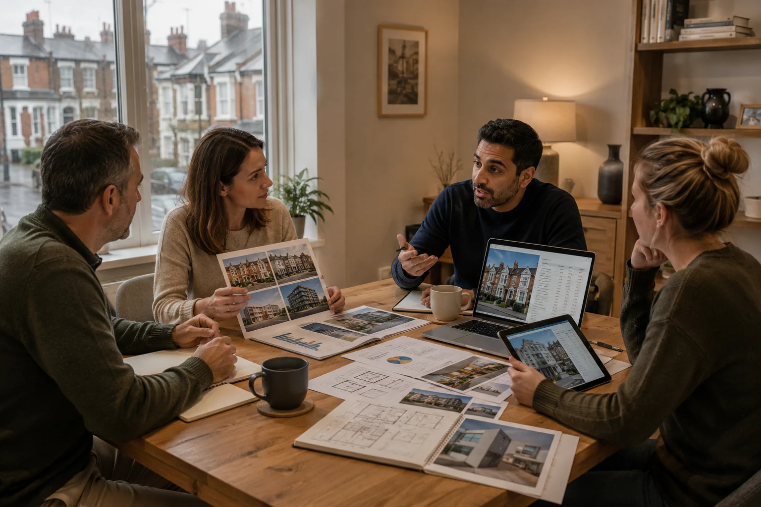 Investors discussing different UK property investment types including residential flats developments and buy to let homes