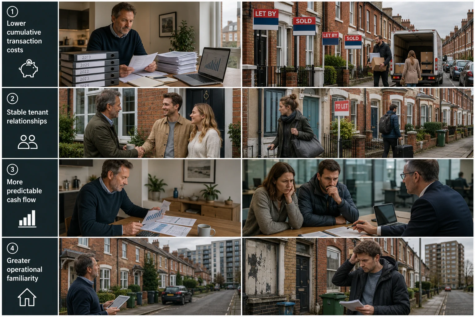 Collage highlighting operational advantages of long term property ownership and stable rental investment strategies in the UK