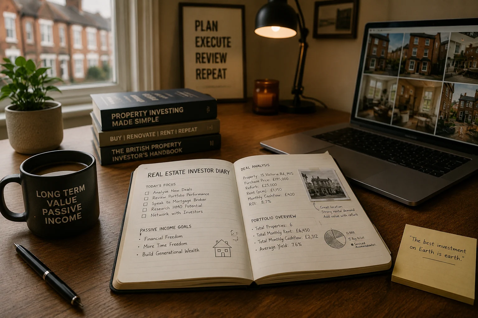Property investment workspace with rental income planning tools and UK real estate portfolio analysis on desk