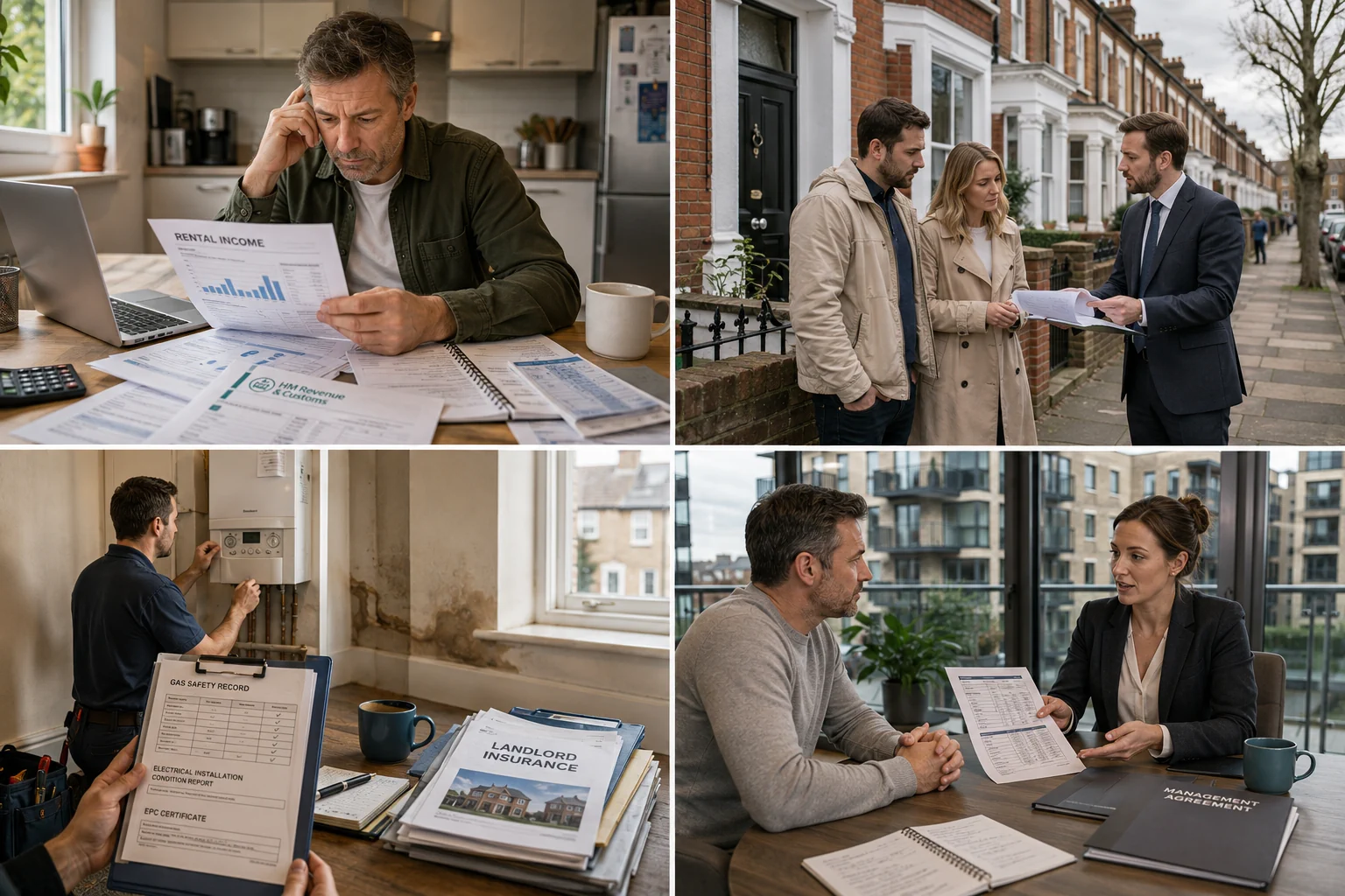 Collage showing landlords managing property taxes maintenance and compliance costs linked to UK property investment
