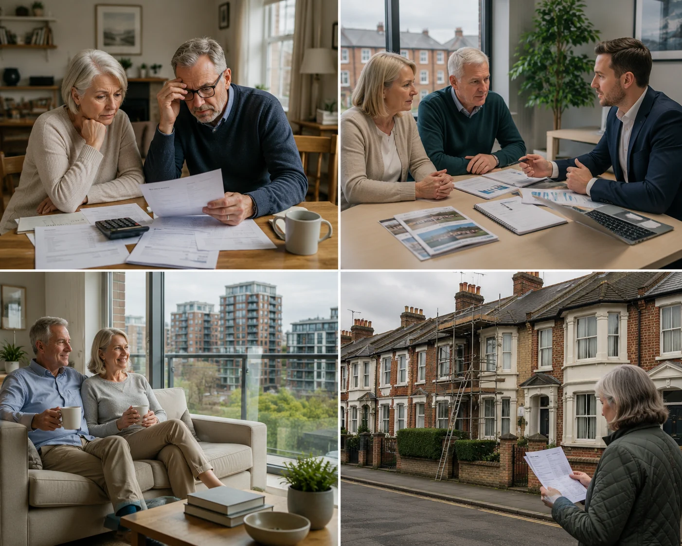 Older couples reviewing mortgage and property finance options while planning retirement investment decisions in the UK