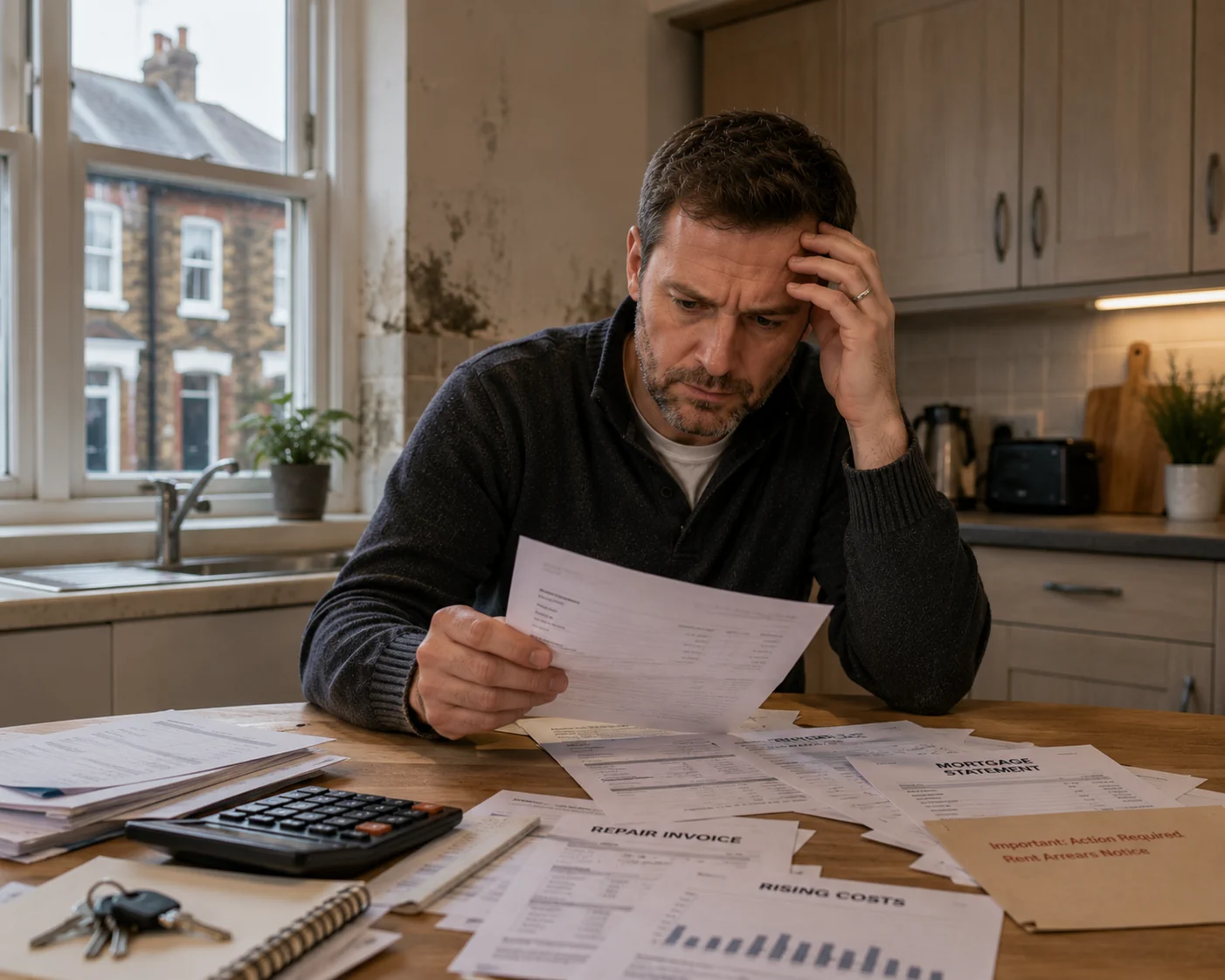 Man reviewing repair bills and mortgage costs while assessing the financial risks of UK property investment ownership